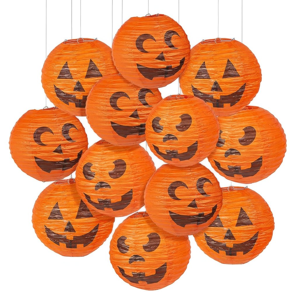 Fun Express - JacK-O'-Lantern Paper Lanterns (dz) for Halloween - Party Decor - Hanging Decor - Lanterns - Halloween - 12 Pieces
