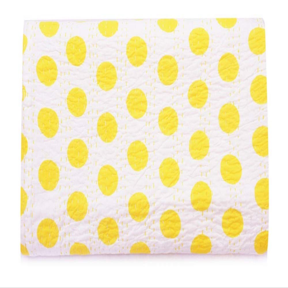 Sophia-Art Indian King/Twin Handmade Bohemian Hand Block Print Pure Cotton Bedspread Kantha Stitch Hippie Kantha Bed Spread Reversible Bedcover Throw Quilt (Yellow Polka Dot 1, 90" x 108")