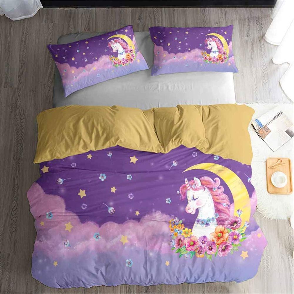 LanS Beautiful Animal Unicorn Duvet Cover Bedding Set,Duvet Cover and Pillowcase, 3 Piece Set Bedding (Duvet Cover + 2 Pillowcases) Twin Full Queen King Duvet Cover (O,Single-135x210cm)