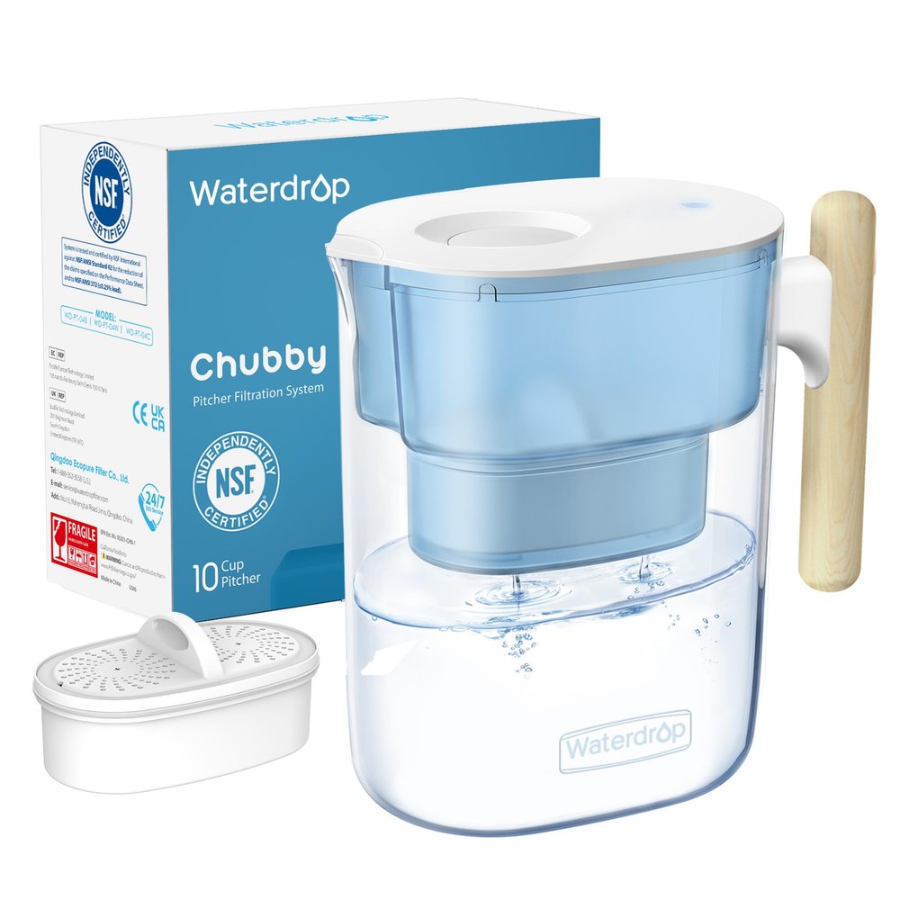 Waterdrop PT-04B Water Filter Pitcher, 10-Cup Capacity, NSF Certified, 200-Gallon Long-Life Filter, 5X Longer Filter Life, Reduces PFOA/PFOS and Chlorine, BPA-Free, Sturdy Wooden Handle, Blue