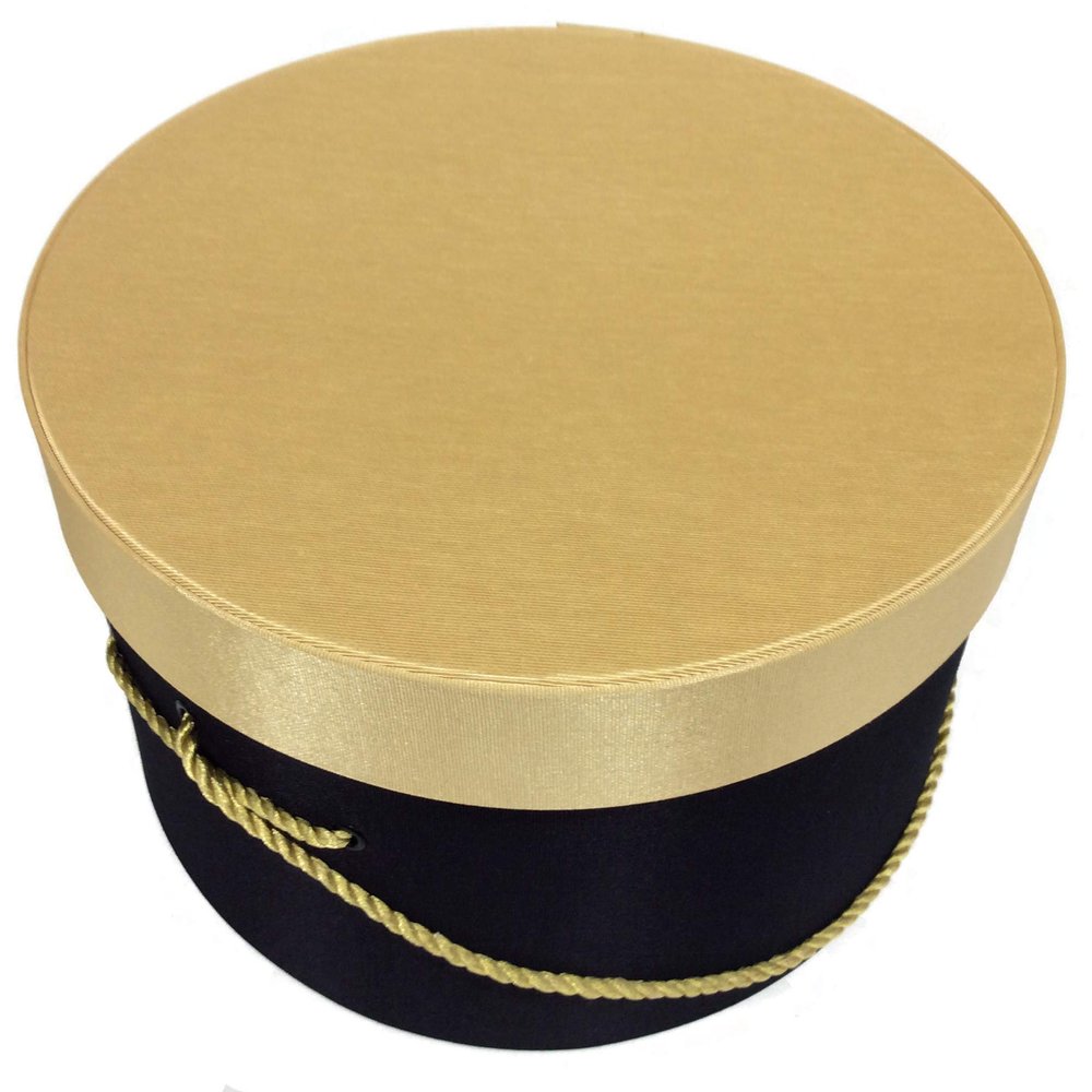 Sarah's Hat Boxes Classic Black/Gold Hat Box  21.5" x 11.5" (Dia. x Ht.) Handmade in USA  Odorless Non-Toxic Adhesive, Cording Handle  Premium Storage for Hats & Accessories
