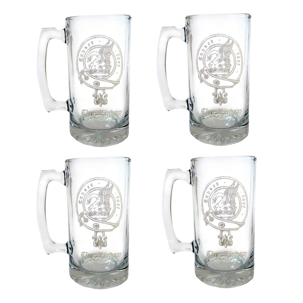 Clan Lindsay Scottish Crest 27oz Stein Set of 4 - Personalized Heraldic Engraving