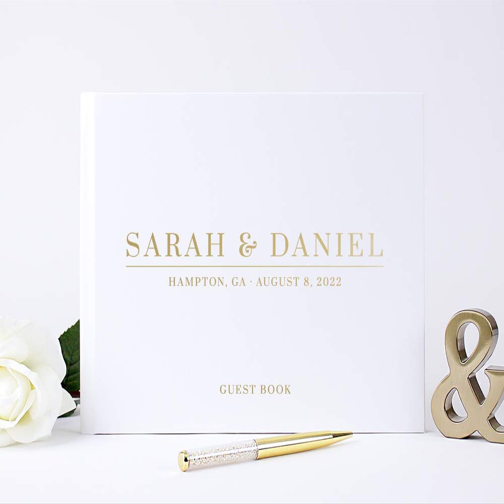 Wedding Guest Book, Personalized Custom White Sign-in or Photo Album Hand Made with Real Foil - Hardcover (12x12 inches)