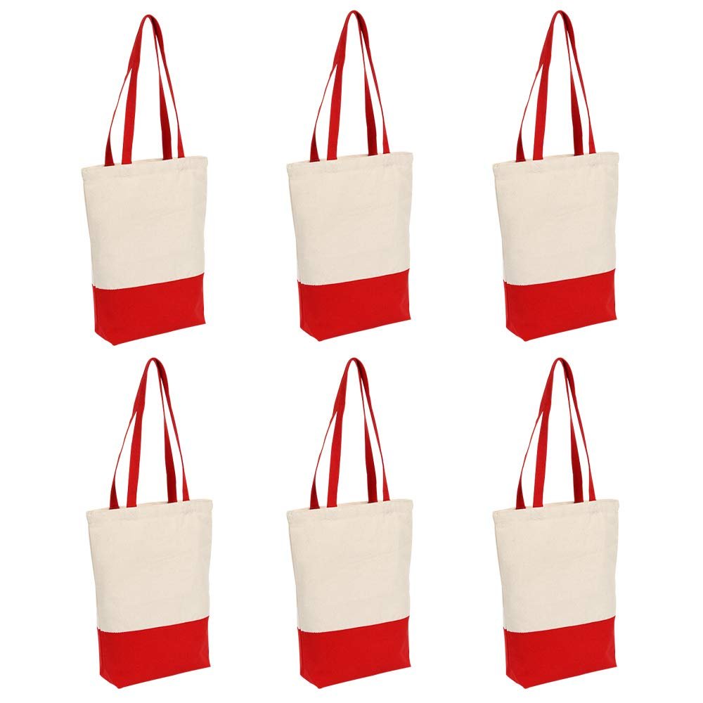 Azuca Canvas Tote Bag Heavy Duty 12 oz Cotton with Bottom Gusset Grocery Beach Shopping Bag 17x14x4 Inches - 6 Pack (Red)