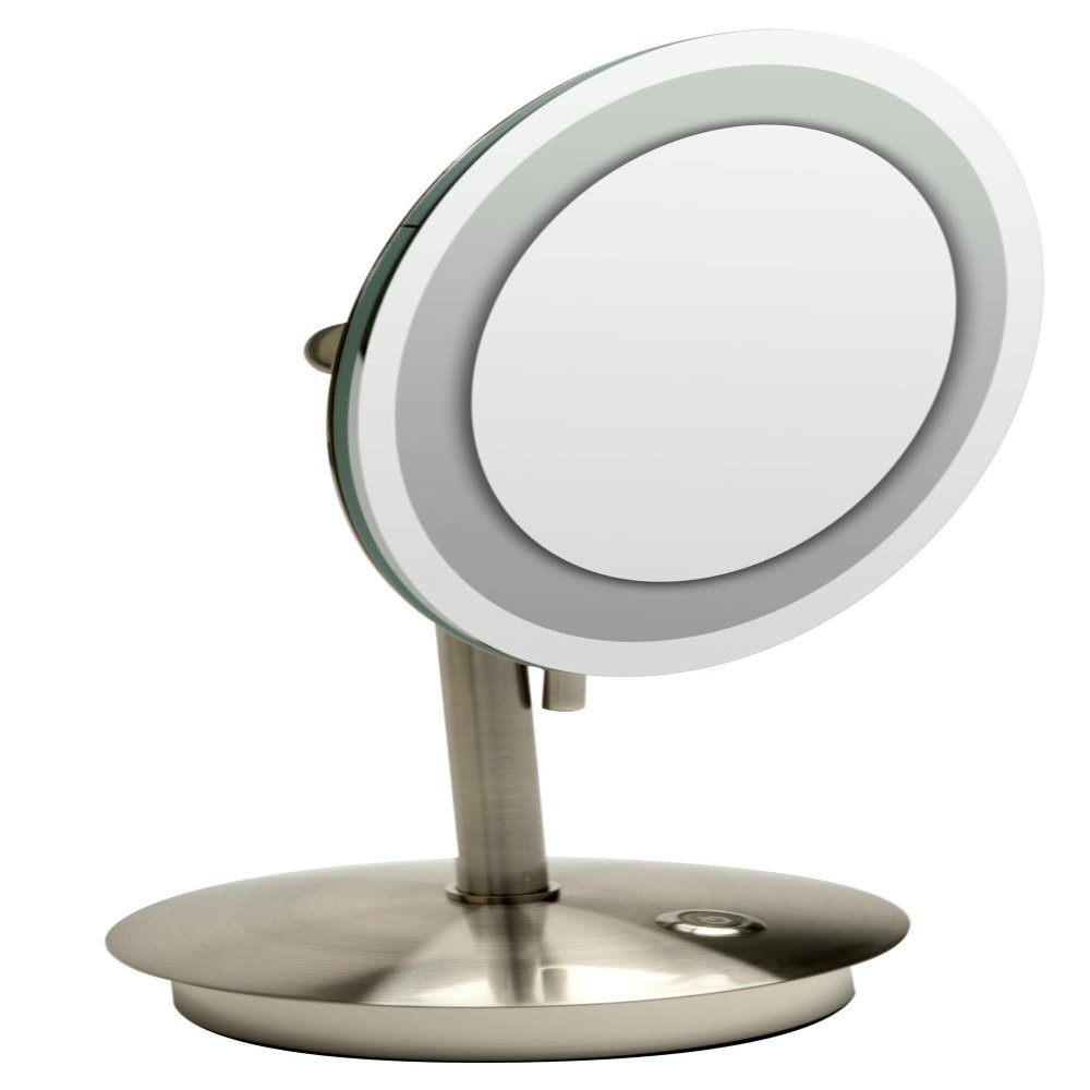 ALFI brand ABM9FLED-BN Brushed Nickel Tabletop Round 9" 5x Magnifying Cosmetic Mirror with Light