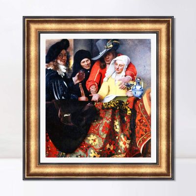 INVIN ART Framed Canvas Art Giclee Print The Procuress by Johannes Vermeer Wall Art Living Room Home Office Decorations(European Retro Golden Frame with Linen Liner,24"x32")