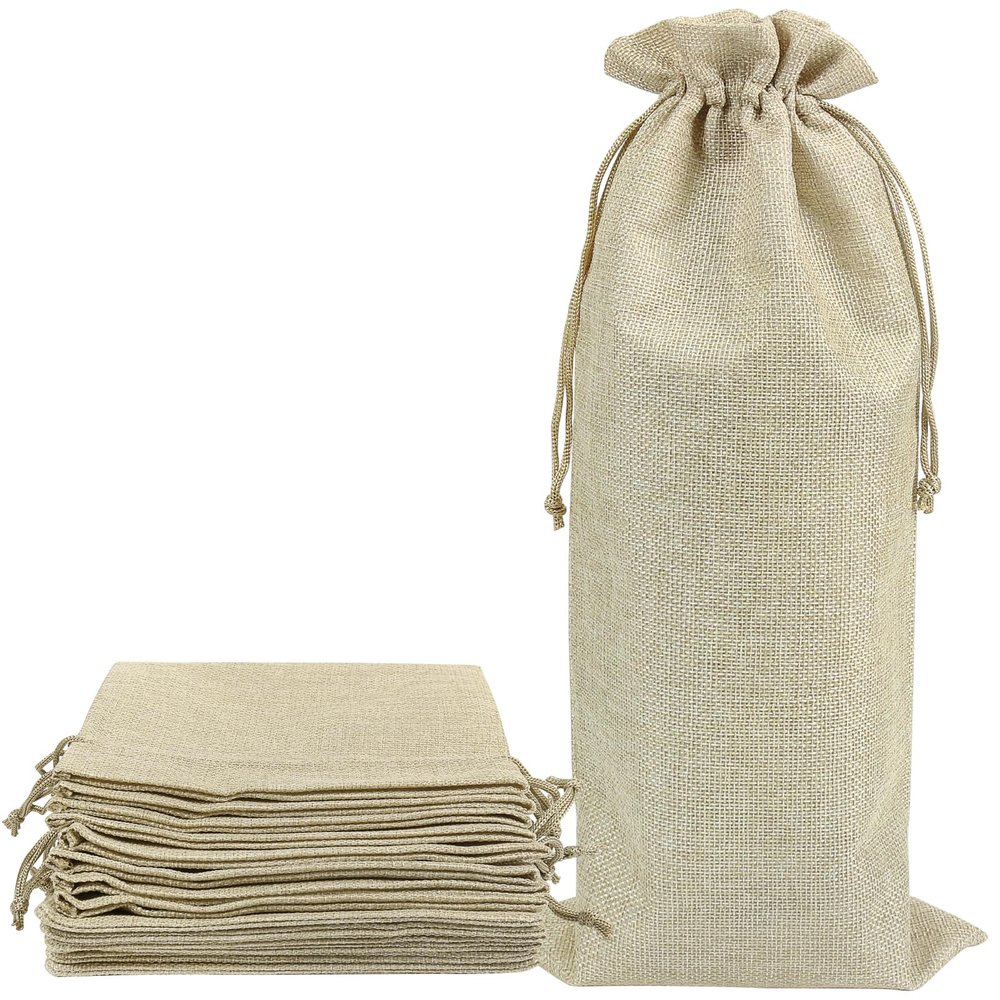 Shintop 10pcs Jute Wine Bags 1.5L, 16 x 6.7 inches Hessian Wine Bottle Gift Bags with Drawstring (Brown)