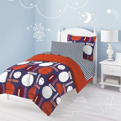 5 Piece All Seasons Twin Cute Sports Themed Boys Comforter Set, Modern & Contemporary Collegiate Kids Bed in a Bag Include Deep Pocket Fully Elasticized Fitted Sheet Set, Colorful Navy Bedding Set