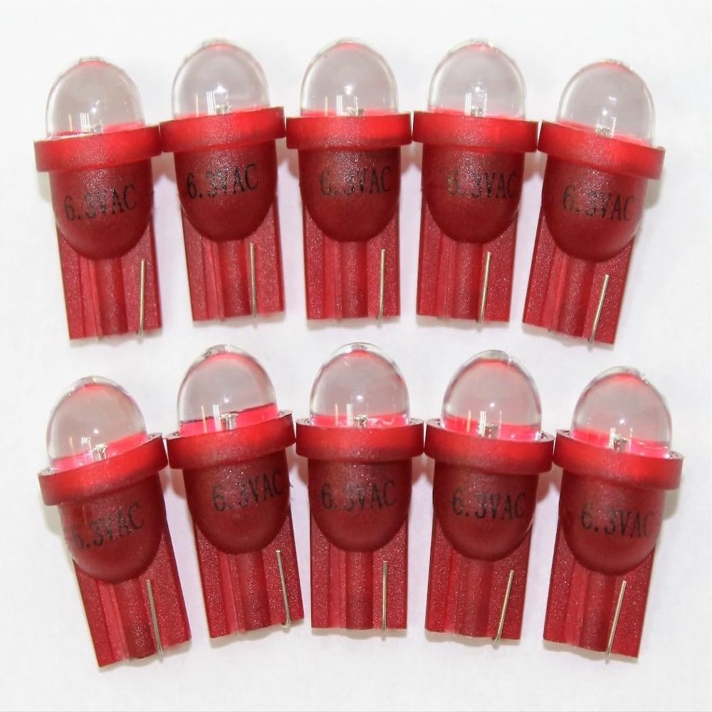 RetroArcade.us 10 Pack Pinball Replacement Bulb LED 6.3 Volt AC, 555 Clear Wedge Base T10 Cool Red Short