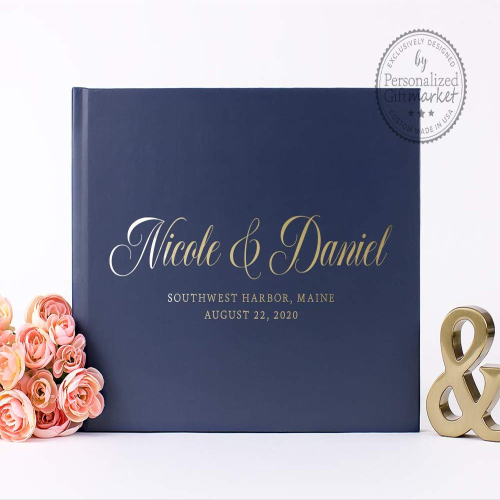 Navy Wedding Guest Book Personalized with Custom Names, Wedding Signature Photo Album or Well Wishes Book - Hardcover (10x8 inches)