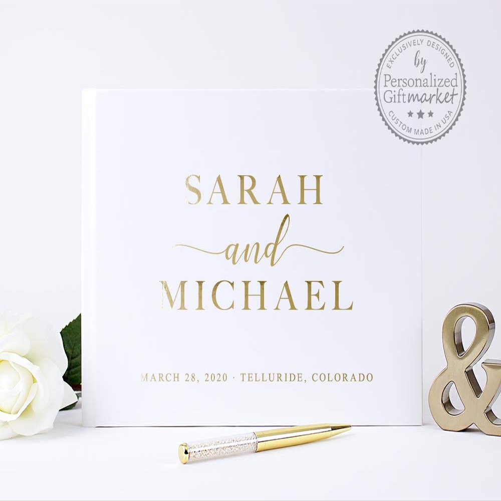 Customized Wedding Guest Book or Photo Album, Personalized with Bride Groom Names Sign-In Book with Real Foil - Hardcover (10x8 inches)