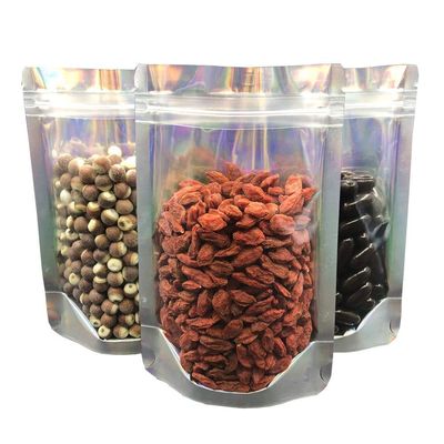 100Pcs Stand Up Holographic Iridescent Smell Proof Bags Resealable Mylar Bags Clear Front With Aluminum Foil Back Food Storage Ziplock Bags, 4.33" x 6.3