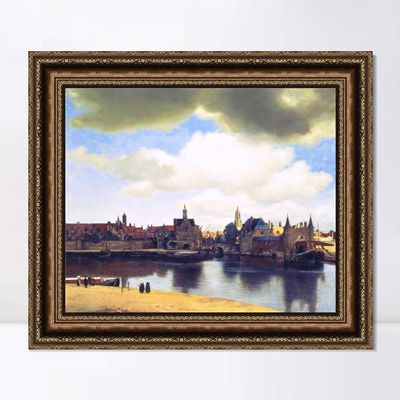 INVIN ART Framed Canvas Art Giclee Print View of Delft by Johannes Vermeer Wall Art Living Room Home Office Decorations(Vintage Embossed Gold frame,20"x24")