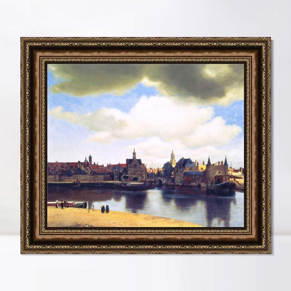 INVIN ART Framed Canvas Art Giclee Print View of Delft by Johannes Vermeer Wall Art Living Room Home Office Decorations(Vintage Embossed Gold frame,20"x24")