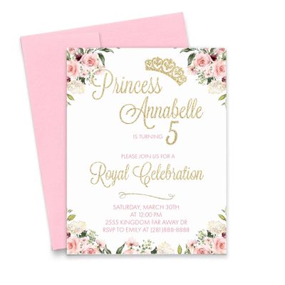 Modern Pink Paper Princess Birthday Invitations for Girls, Floral Princess 1st Birthday Invitations, Your choice of Quantity, Age, Info and Envelope Color