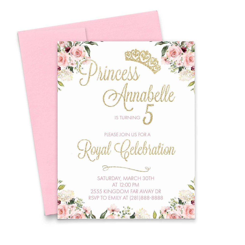 Modern Pink Paper Princess Birthday Invitations for Girls, Floral Princess 1st Birthday Invitations, Your choice of Quantity, Age, Info and Envelope Color