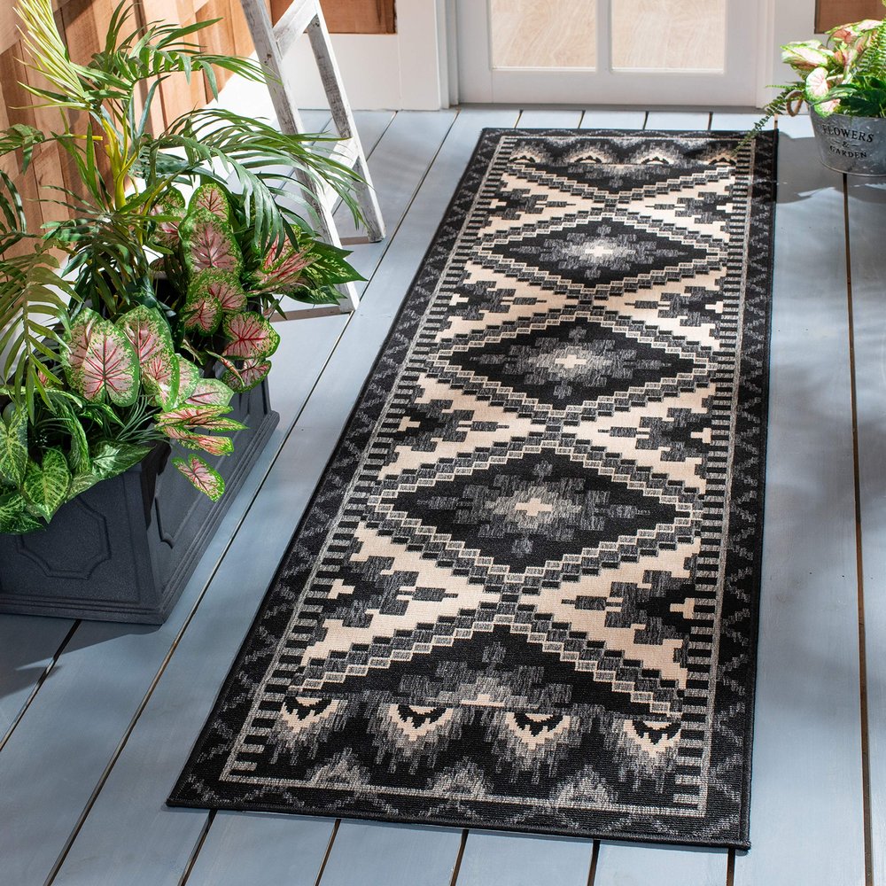 SAFAVIEH Washable Rug Outdoor Veranda Collection - 2'3" x 8' Runner, Black & Beige, Non-Shedding & Easy to Clean, Ideal for Patio, Backyard, Mudroom (VER096-0421)