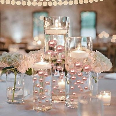 150 Floating Blush Light Pink Pearls- Large Sizes- Fills 2 Gallons of The Floating Transparent Water Gels for Your Vases- with Pre-Measured Prep Bags- 6 White Fully Submersible Fairy Lights