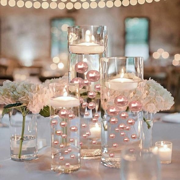 150 Floating Blush Light Pink Pearls- Large Sizes- Fills 2 Gallons of The Floating Transparent Water Gels for Your Vases- with Pre-Measured Prep Bags- 6 White Fully Submersible Fairy Lights