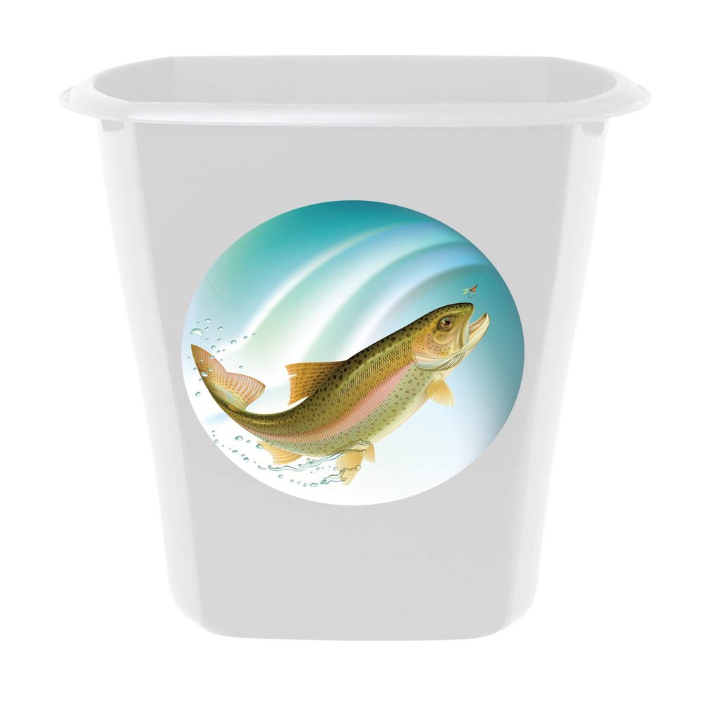 3 Gallon White Plastic Wastebasket Trash Can Featuring Your Choice of an Animal Themed Vinyl Decal - Free Trash Bag Included (Trout)
