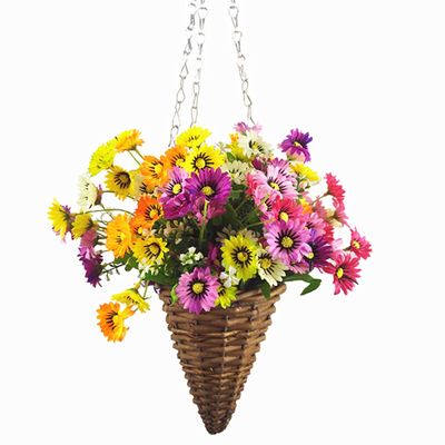 Mynse Lifelike Artificial Dutch Daisy Flower Mini Hanging Wicker Basket Cone with Chain for Indoor Balcony Decoration, Purple Red&Orange&Green and White&Rose Red