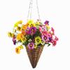 Mynse Lifelike Artificial Dutch Daisy Flower Mini Hanging Wicker Basket Cone with Chain for Indoor Balcony Decoration, Purple Red&Orange&Green and White&Rose Red view 1