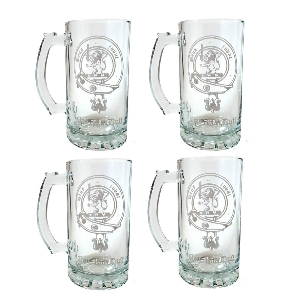 Clan MacDuff Scottish Crest Stein Set of 4, 16oz Engraved Highland Family Emblem  Personalized Clan Heritage Beer Glasses