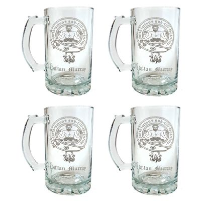 Murray Scottish Family Clan Crest Beer Stein 16oz - Set of 4 - Personalized Heraldic Engraving