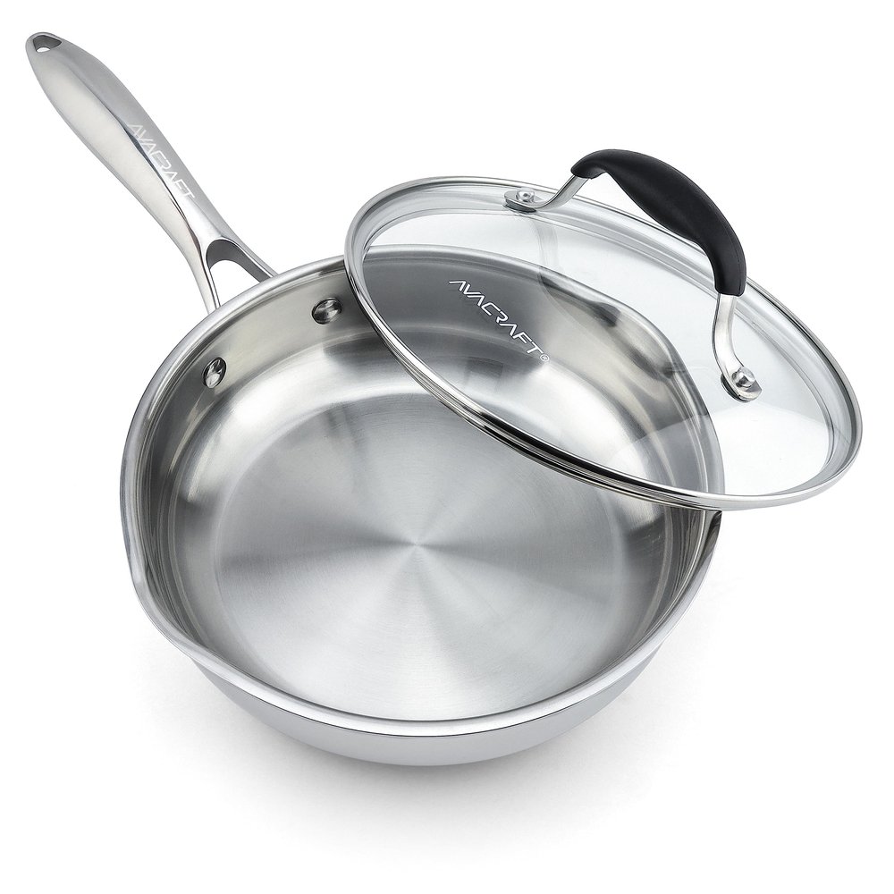 AVACRAFT 8 Inch Tri-Ply Stainless Steel Frying Pan with Lid, Side Spouts, Induction Pan, Versatile Stainless Steel Skillet, Fry Pan in our Pots and Pans (Tri-Ply Stainless Steel, 8 Inch)