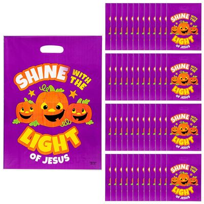 Fun Express Christian Pumpkin Plastic Gift Bags 50 Pack - Fall Halloween Treat Bags with Handles for Church Trunk or Treat Events | Religious Party Favors for Sunday School & Fall Festivals
