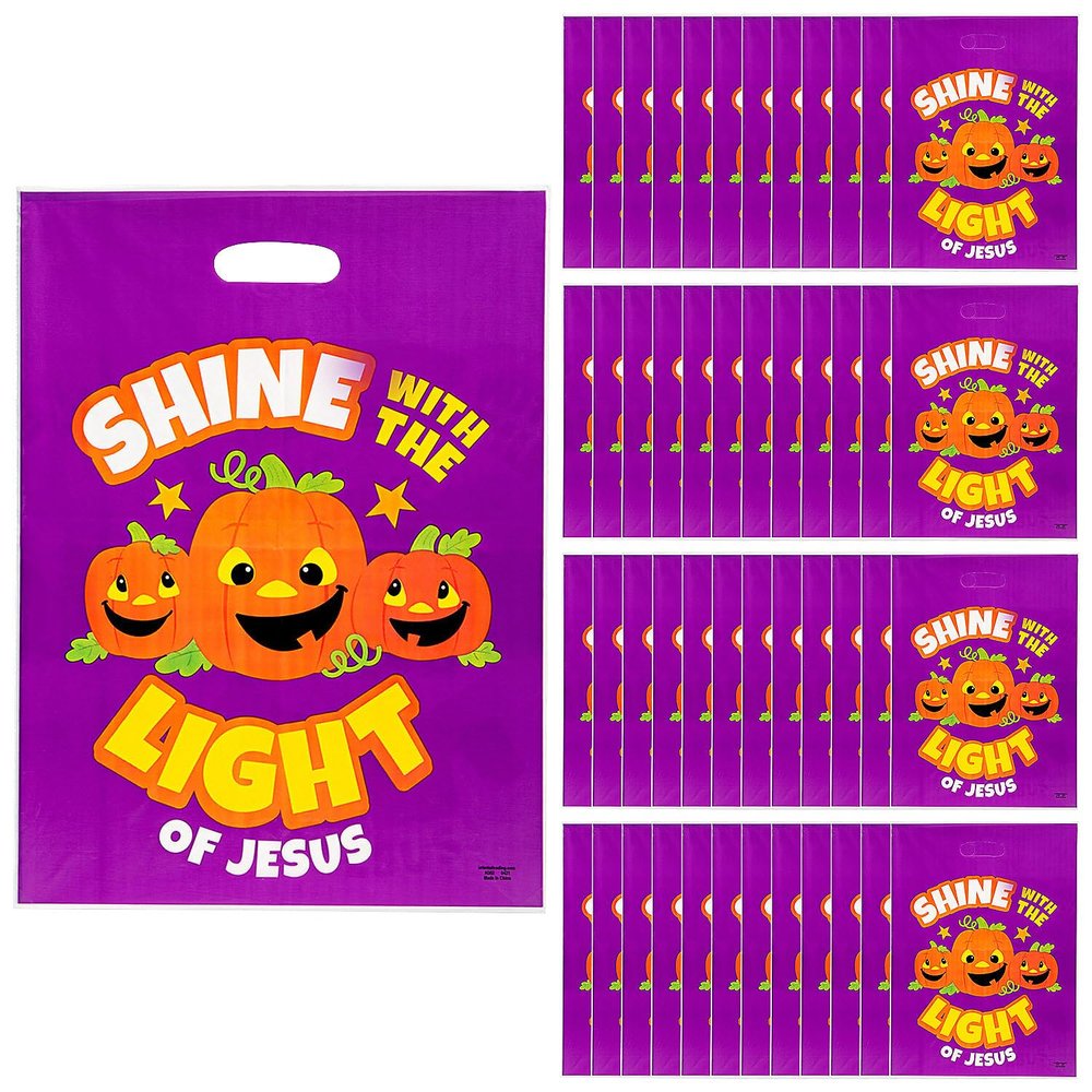 Fun Express Christian Pumpkin Plastic Gift Bags 50 Pack - Fall Halloween Treat Bags with Handles for Church Trunk or Treat Events | Religious Party Favors for Sunday School & Fall Festivals