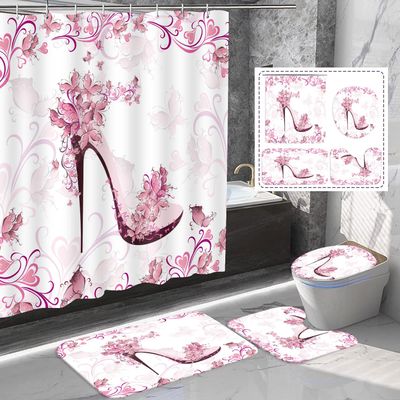 Amagical 4PCS Pink Butterfly and Girls High Heels Shoe Bathroom Mat Set Shower Curtain Set, Bath Mat Contour Mat Toilet Cover Fabric Shower Curtain with 12 Hooks