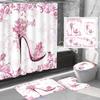 Amagical 4PCS Pink Butterfly and Girls High Heels Shoe Bathroom Mat Set Shower Curtain Set, Bath Mat Contour Mat Toilet Cover Fabric Shower Curtain with 12 Hooks view 1
