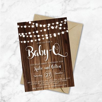 Baby-Q Shower Invitations | BabyQ Baby Shower Invitations | Baby Q Shower |Wood | String Lights | Couples Baby Shower | Baby BBQ