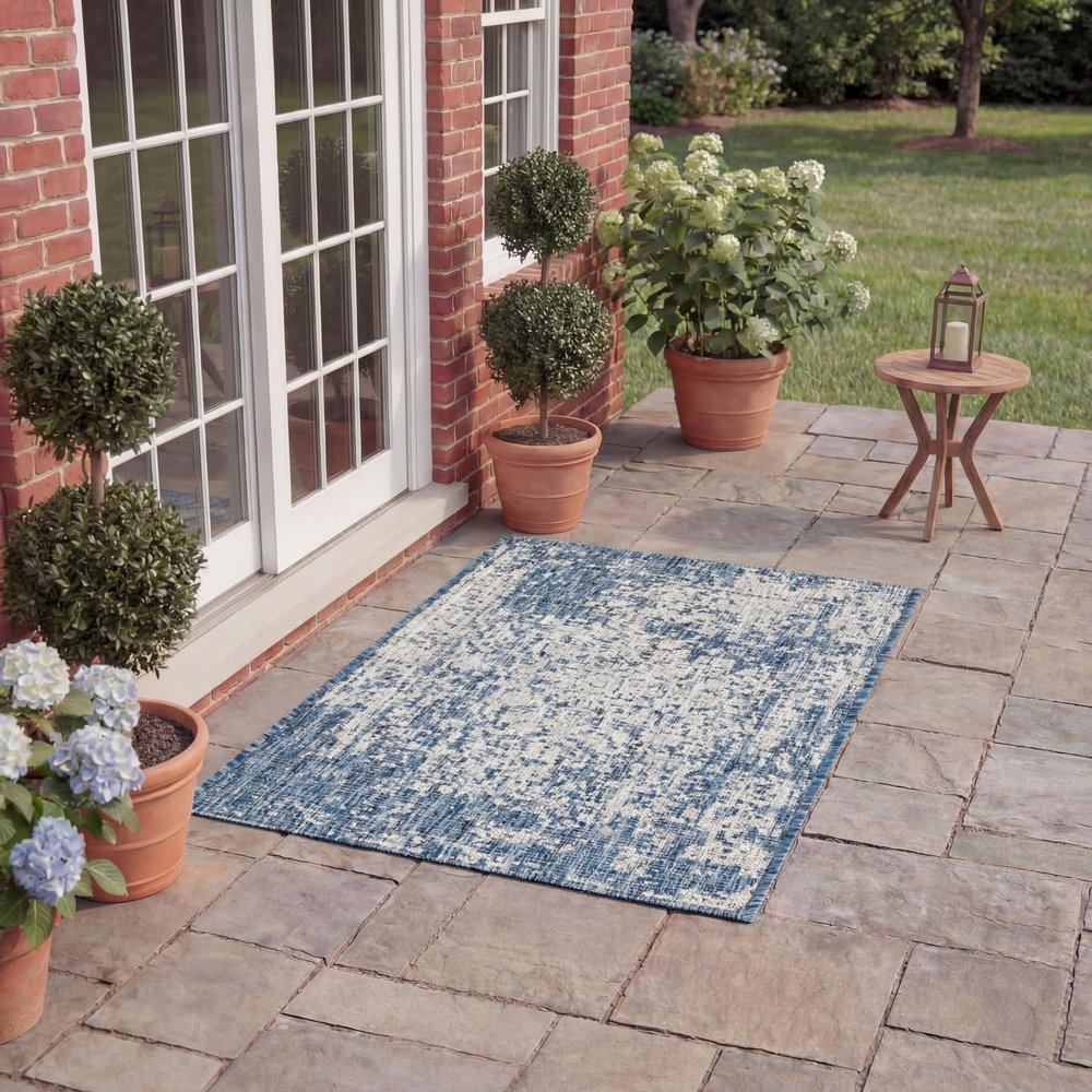 SAFAVIEH Washable Rug Outdoor Courtyard Collection - 2' x 3'7", Navy & Grey, Non-Shedding & Easy Cleaning, Ideal for Patio, Front Door, Entryway, Doormat (CY8671-368)