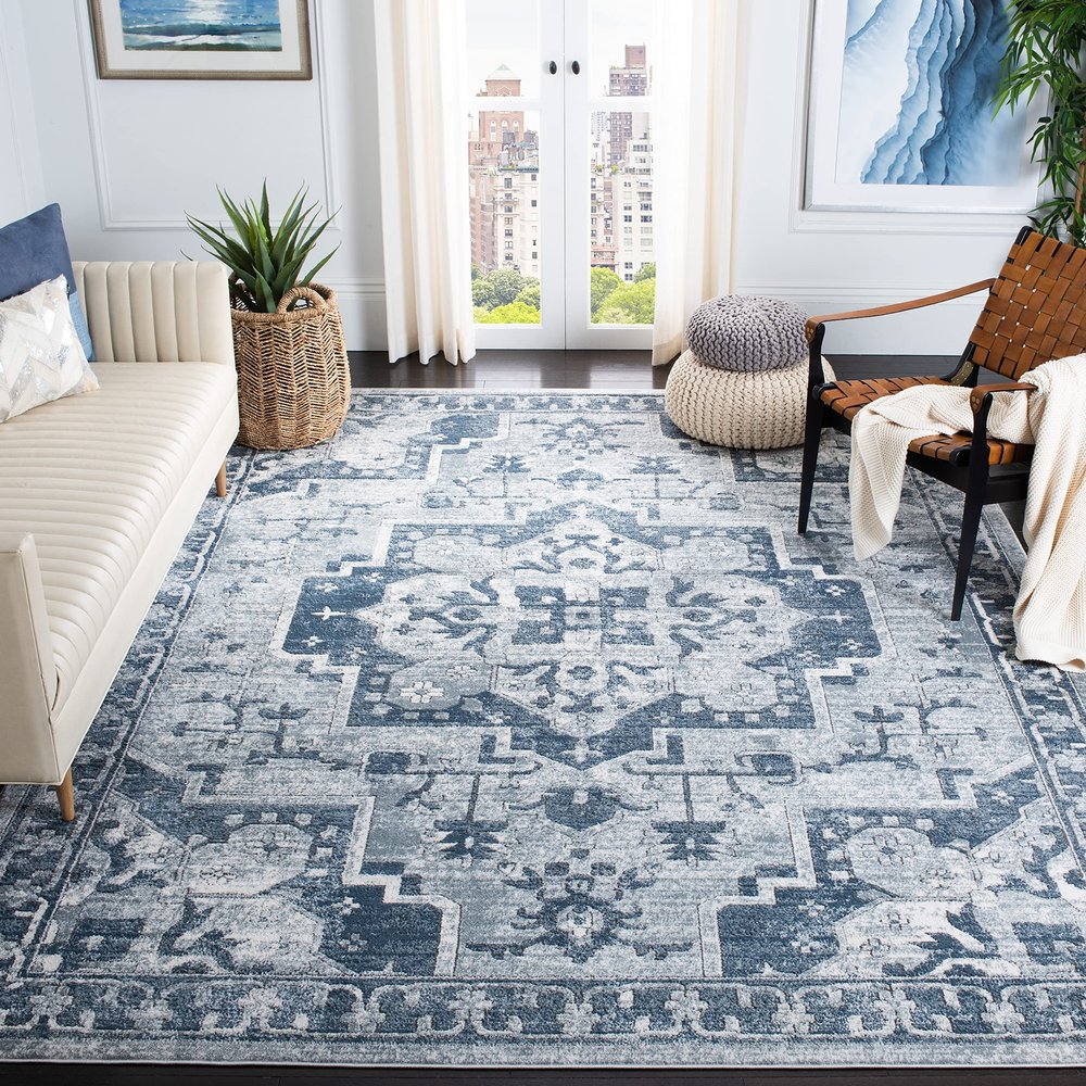 SAFAVIEH Area Rug 8x10 - Oregon Collection - Large - Navy & Ivory, Oriental Distressed Design, Non-Shedding & Easy Cleaning, Ideal for Living Room, Bedroom, Office, Dining Space (ORE883N)