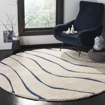 SAFAVIEH Florida Shag Collection Area Rug - 4' Round, Cream & Blue, Non-Shedding & Easy Care, 1.2-inch Thick Ideal for High Traffic Areas in Living Room, Bedroom (SG472-1165)