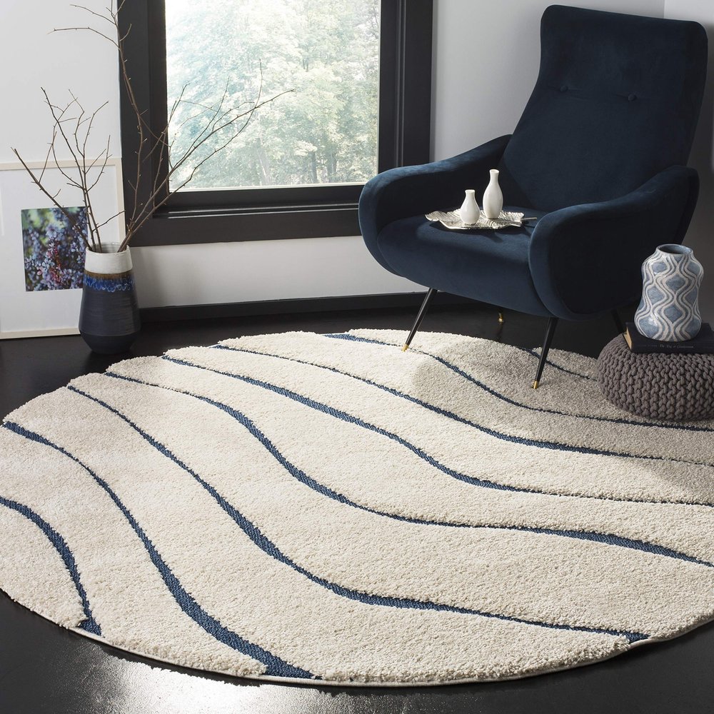 SAFAVIEH Florida Shag Collection Area Rug - 4' Round, Cream & Blue, Non-Shedding & Easy Care, 1.2-inch Thick Ideal for High Traffic Areas in Living Room, Bedroom (SG472-1165)