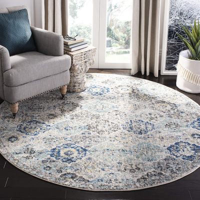 SAFAVIEH Madison Collection 4' Round Ivory / Aqua MAD611A Boho Chic Floral Medallion Trellis Distressed Non-Shedding Dining Room Entryway Foyer Living Room Bedroom Area Rug