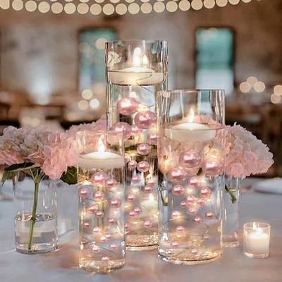300 Floating Blush Light Pink Pearls- 12 Warm White Submersible Fairy Lights Strings Hidable Submersible Batteries- 4 Gallons of Transparent Water Gels for Vases