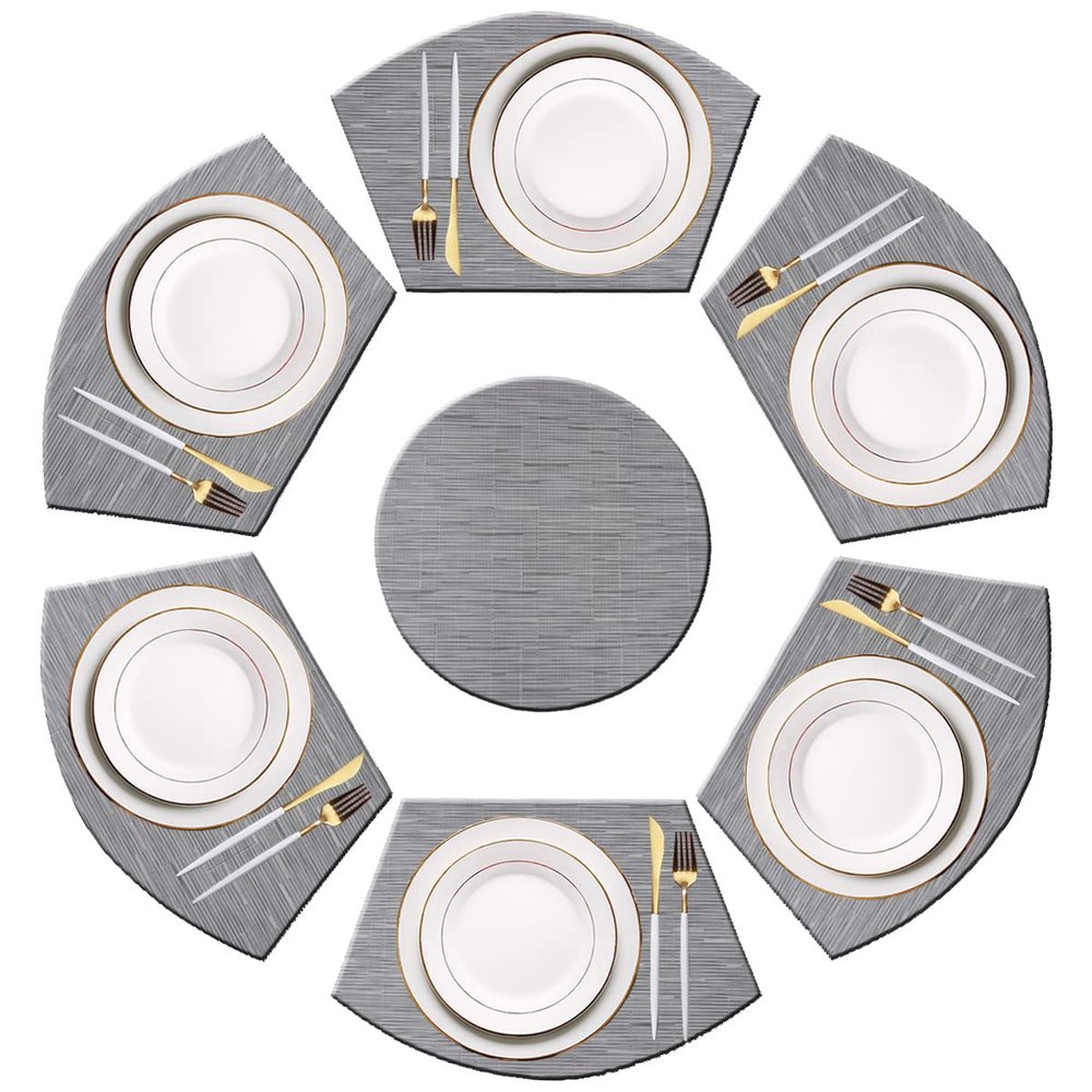 PIGCHCY Wedge Shaped Placemats Set of 6 with Centerpiece Round Mats Washable Kitchen Placemats Heat-Resistant Table Mats (Silver Grey)