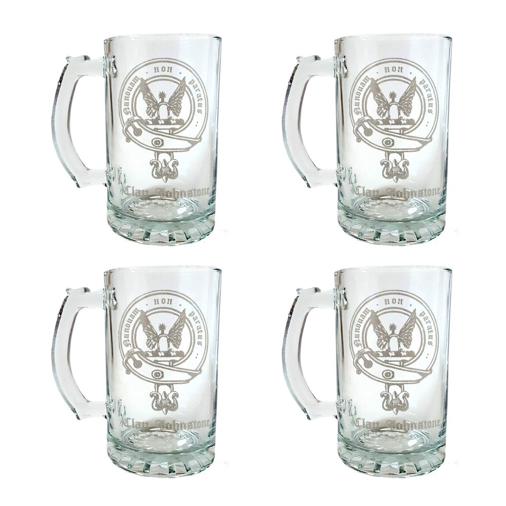 Johnstone Scottish Clan Crest Glass Stein Set of 4  27oz Personalized Heraldic Engraving