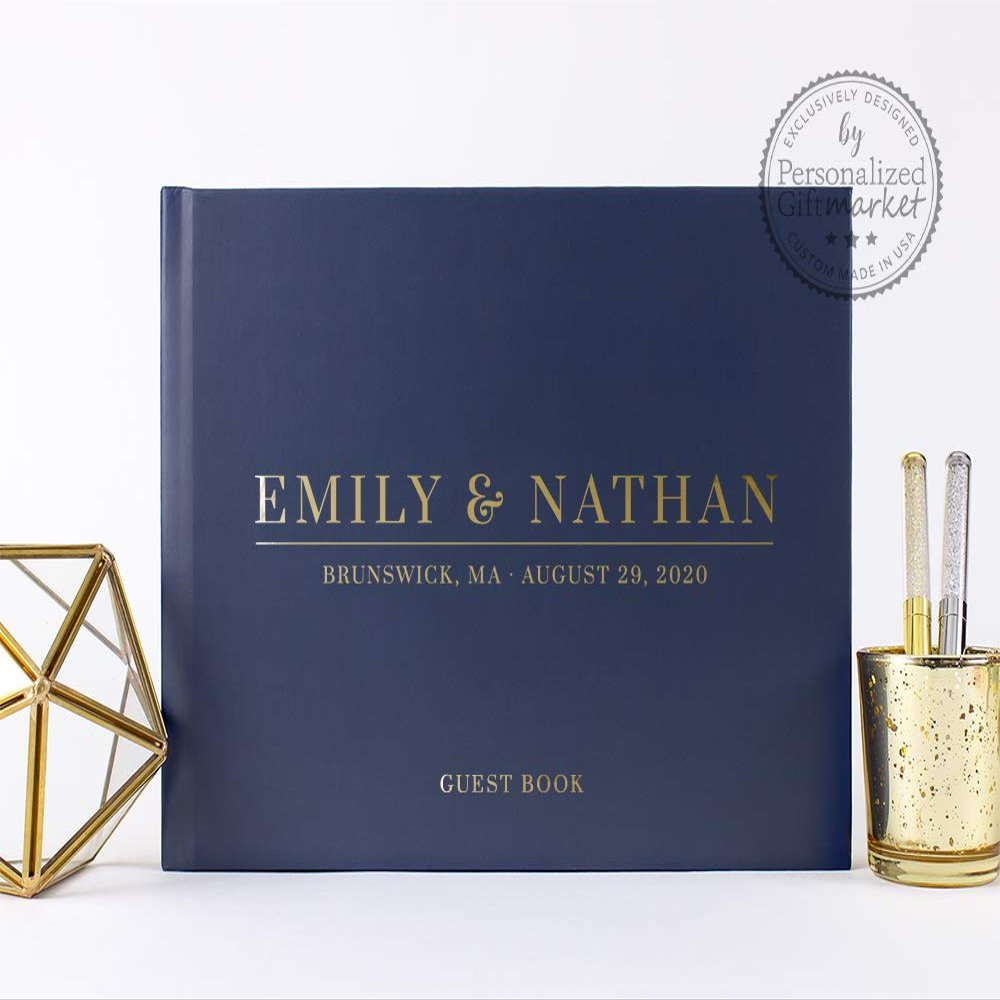 Custom Personalized Navy Wedding Guest Book, Name Place and Date Wedding Sign-in Book or Photo Album - Hardcover (9x6 inches)
