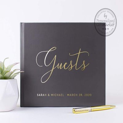Custom Wedding Sign-in Guest Book, Personalized Signature Book with Bride Groom Names & Date - Hardcover (9x6 inches)