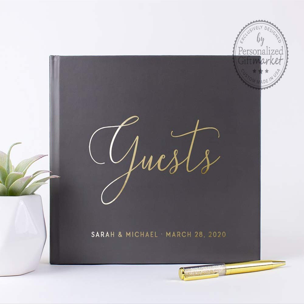 Custom Wedding Sign-in Guest Book, Personalized Signature Book with Bride Groom Names & Date - Hardcover (9x6 inches)