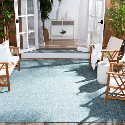 SAFAVIEH Washable Rug Outdoor Courtyard Collection - 6'7" Square, Aqua Blue & Grey, Non-Shedding & Easy Cleaning, Ideal for Patio, Backyard, Mudroom (CY8680-37121)