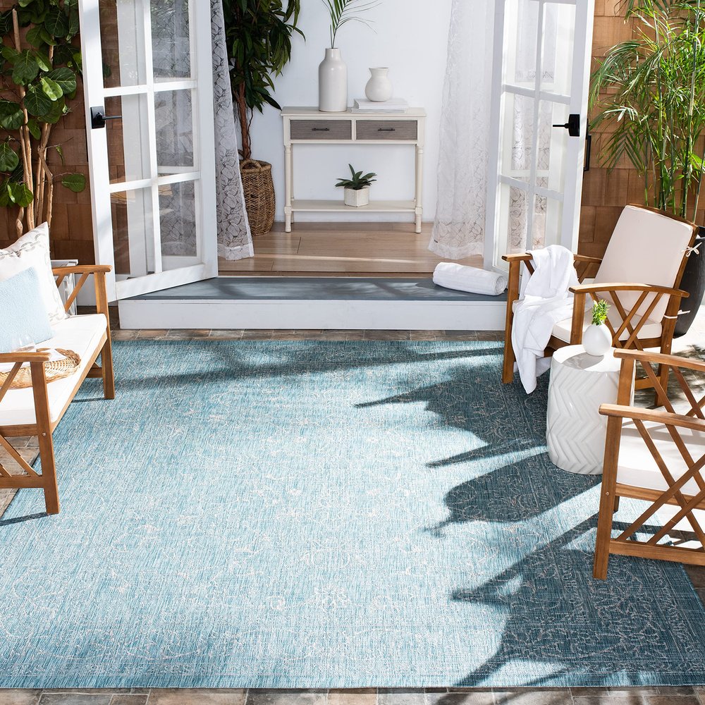 SAFAVIEH Washable Rug Outdoor Courtyard Collection - 6'7" Square, Aqua Blue & Grey, Non-Shedding & Easy Cleaning, Ideal for Patio, Backyard, Mudroom (CY8680-37121)