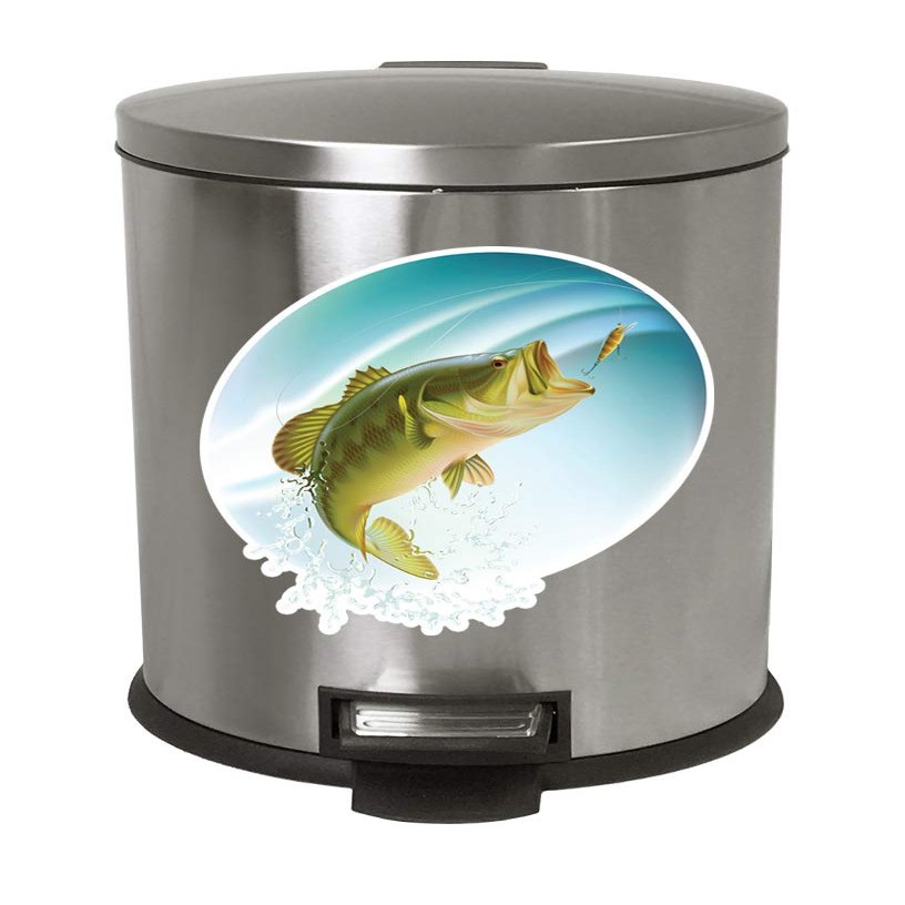 1.3 Gallon Oval Stainless Steel Step-On Trash Can Featuring Your Choice of an Animal Themed Vinyl Decal - Free Trash Bag Included (Bass Spash)
