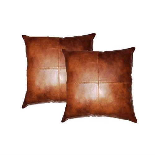 Azrah Traders Lambskin Leather Pillow Cover - Sofa Cushion Case - Decorative Throw Covers for Living Room & Bedroom, 22x22 Inches - Tan Antique Pack of 2