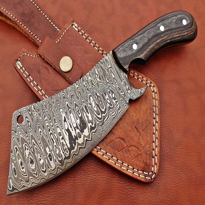 10" long hand forged rain drop Pattern Damascus steel Butcher Meat cleaver, Natural walnut wood scale, Cow hide Leather sheath included (Black)